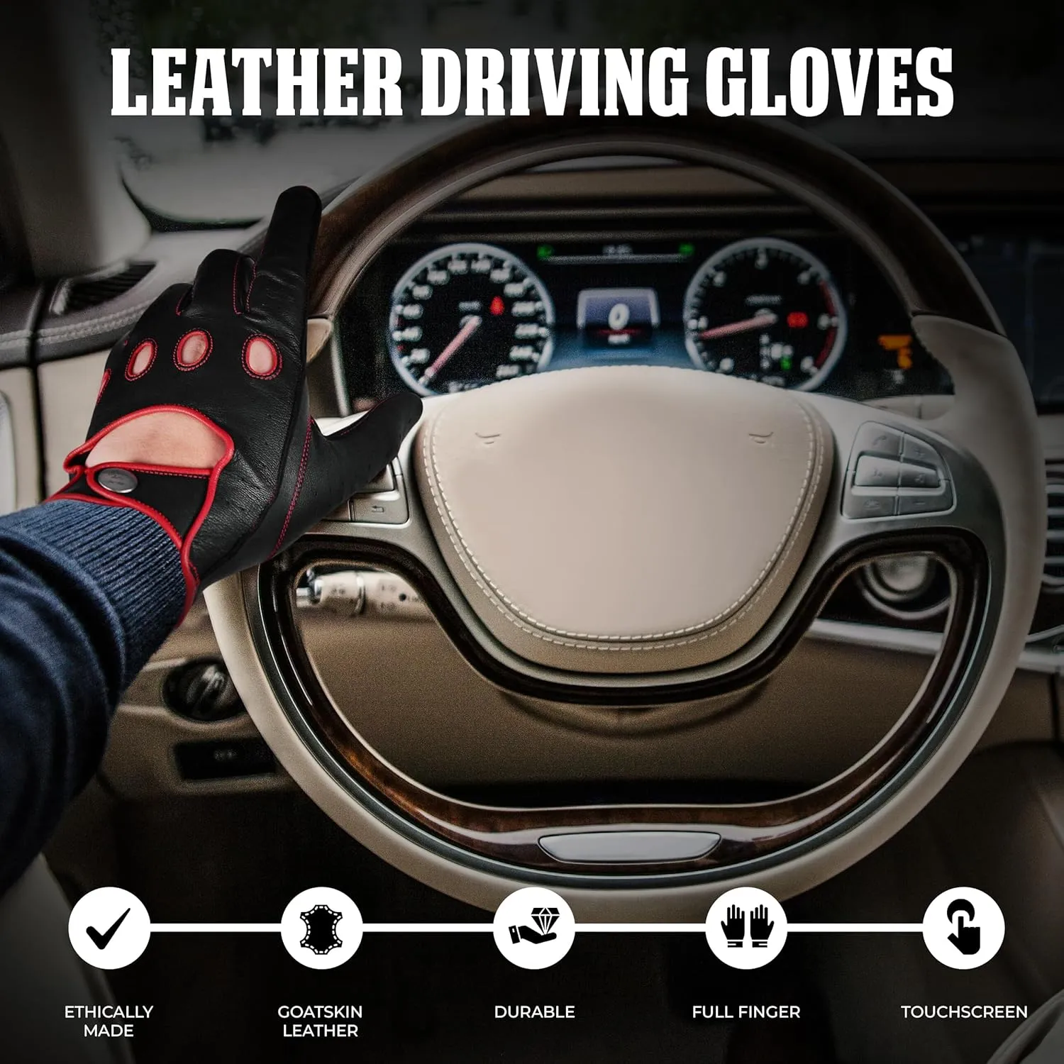 J.A.G. Leather Driving Gloves - Full Finger Touchscreen Motorcycle Riding Gloves for Men & Women, Cycling Unlined Men's Driving Gloves