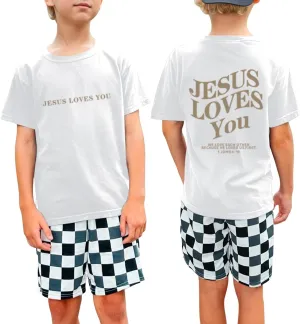 Jesus Loves You Christian Shirt for Boys Bible Verse Letter Printed T Shirts Faith Religious Cotton Short Sleeve Top