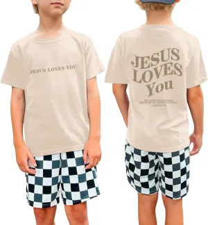 Jesus Loves You Christian Shirt for Boys Bible Verse Letter Printed T Shirts Faith Religious Cotton Short Sleeve Top