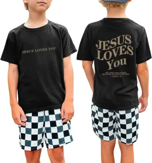 Jesus Loves You Christian Shirt for Boys Bible Verse Letter Printed T Shirts Faith Religious Cotton Short Sleeve Top