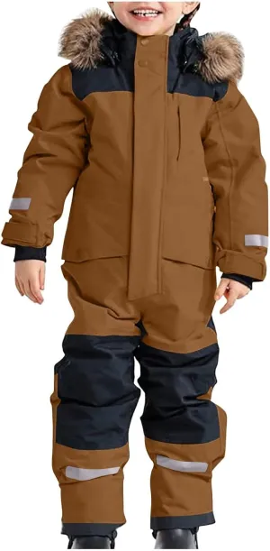 Kids Boys Girls One Piece Snowsuit Winter Warm Overalls Waterproof Windproof Ski Suits Jumpsuit Outdoor Jackets with Hood