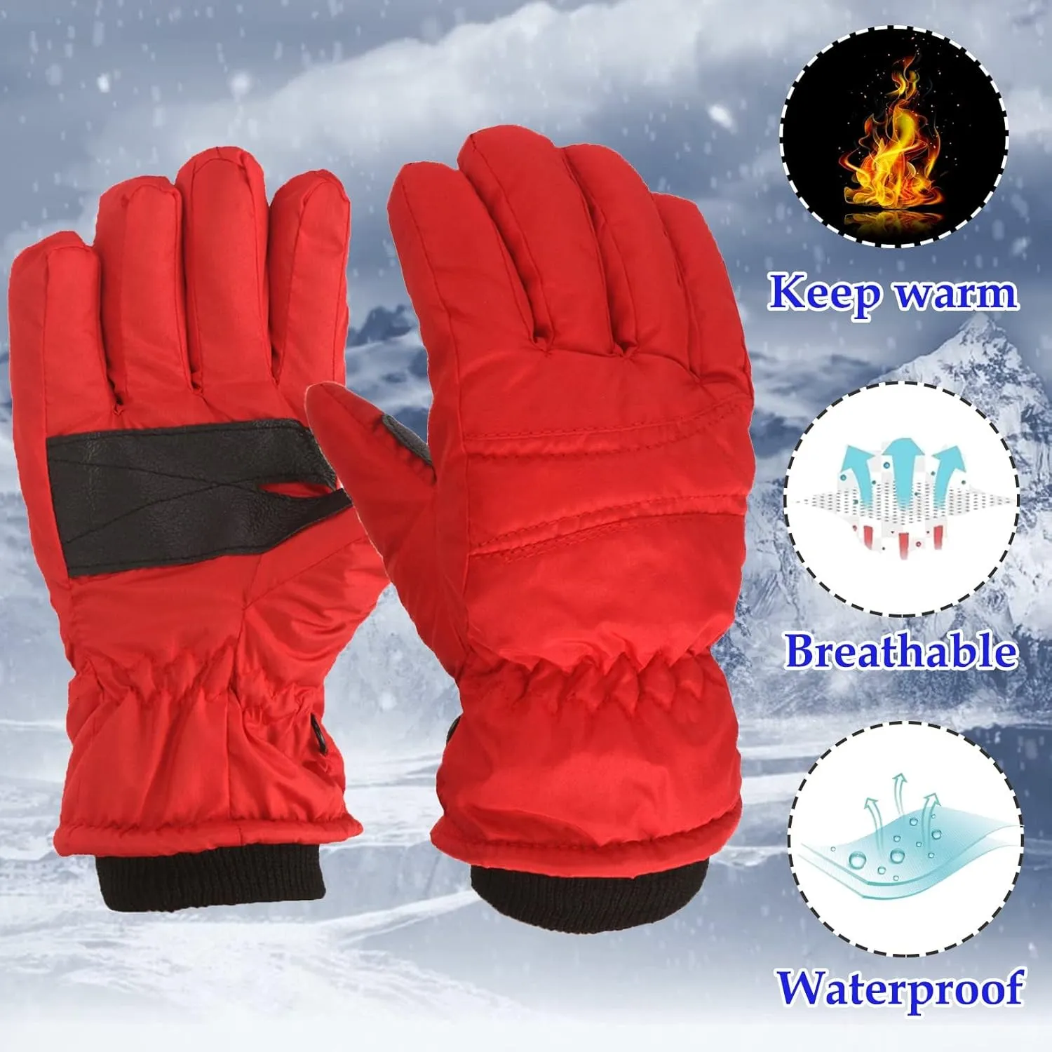 Kids Toddler Boys Girls Thermal Gloves Winter Warm Snow Gloves Ski Windproof Snowboard Gloves for Cold Weather (Red, 4-8 Years)