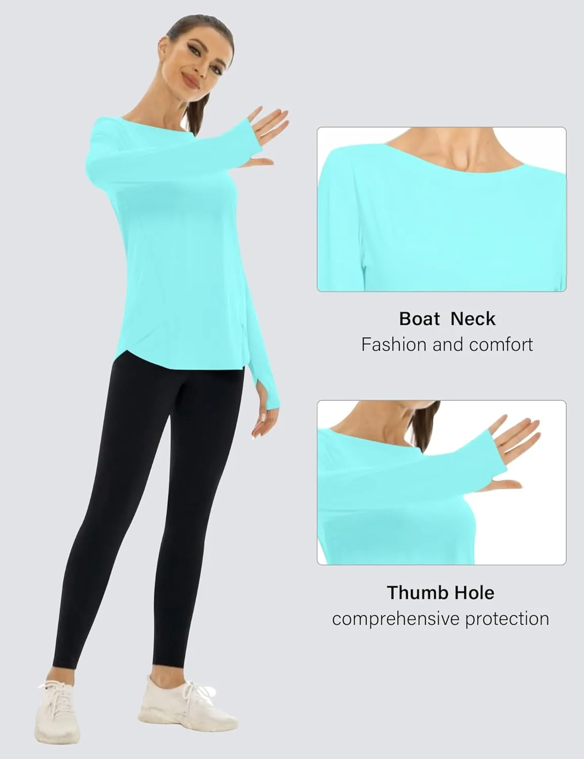 KTILG Women's Long Sleeve UPF 50  Sun Protection T-Shirts Boat Neck Lightweight Quick Dry Hiking Outdoor Top with Thumb Hole