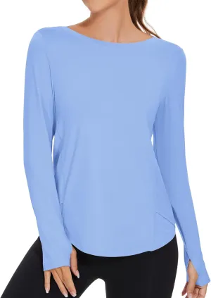 KTILG Women's Long Sleeve UPF 50  Sun Protection T-Shirts Boat Neck Lightweight Quick Dry Hiking Outdoor Top with Thumb Hole