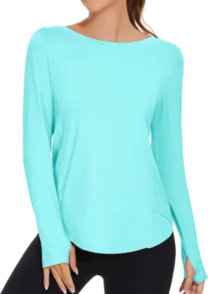 KTILG Women's Long Sleeve UPF 50  Sun Protection T-Shirts Boat Neck Lightweight Quick Dry Hiking Outdoor Top with Thumb Hole