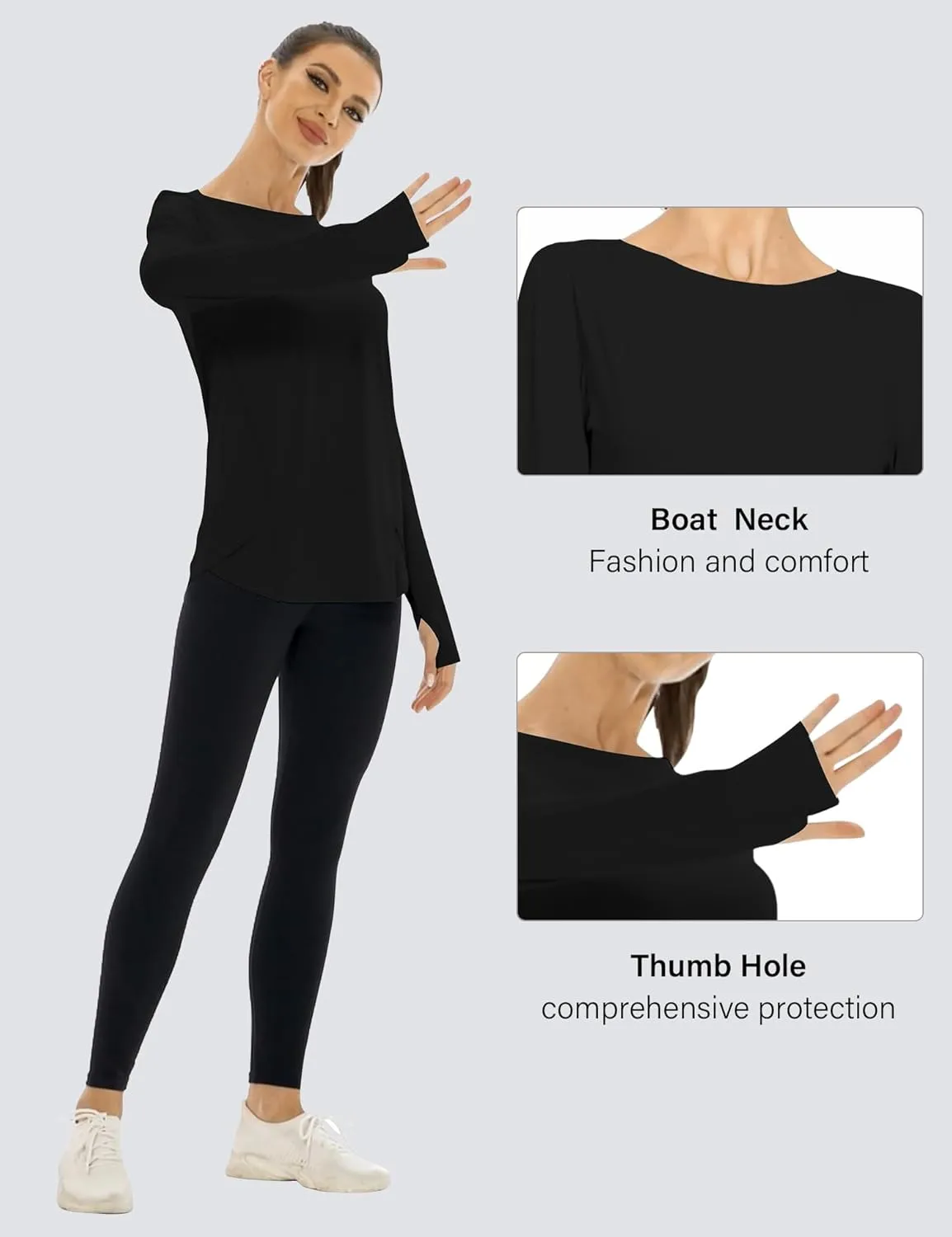 KTILG Women's Long Sleeve UPF 50  Sun Protection T-Shirts Boat Neck Lightweight Quick Dry Hiking Outdoor Top with Thumb Hole