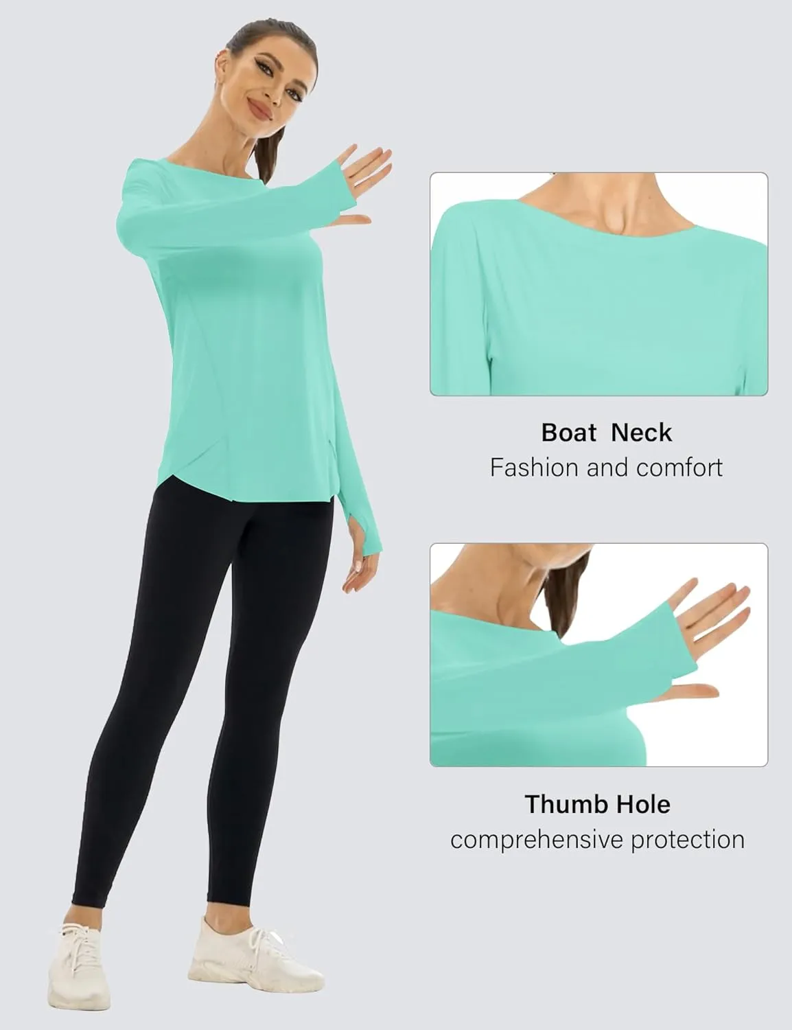 KTILG Women's Long Sleeve UPF 50  Sun Protection T-Shirts Boat Neck Lightweight Quick Dry Hiking Outdoor Top with Thumb Hole