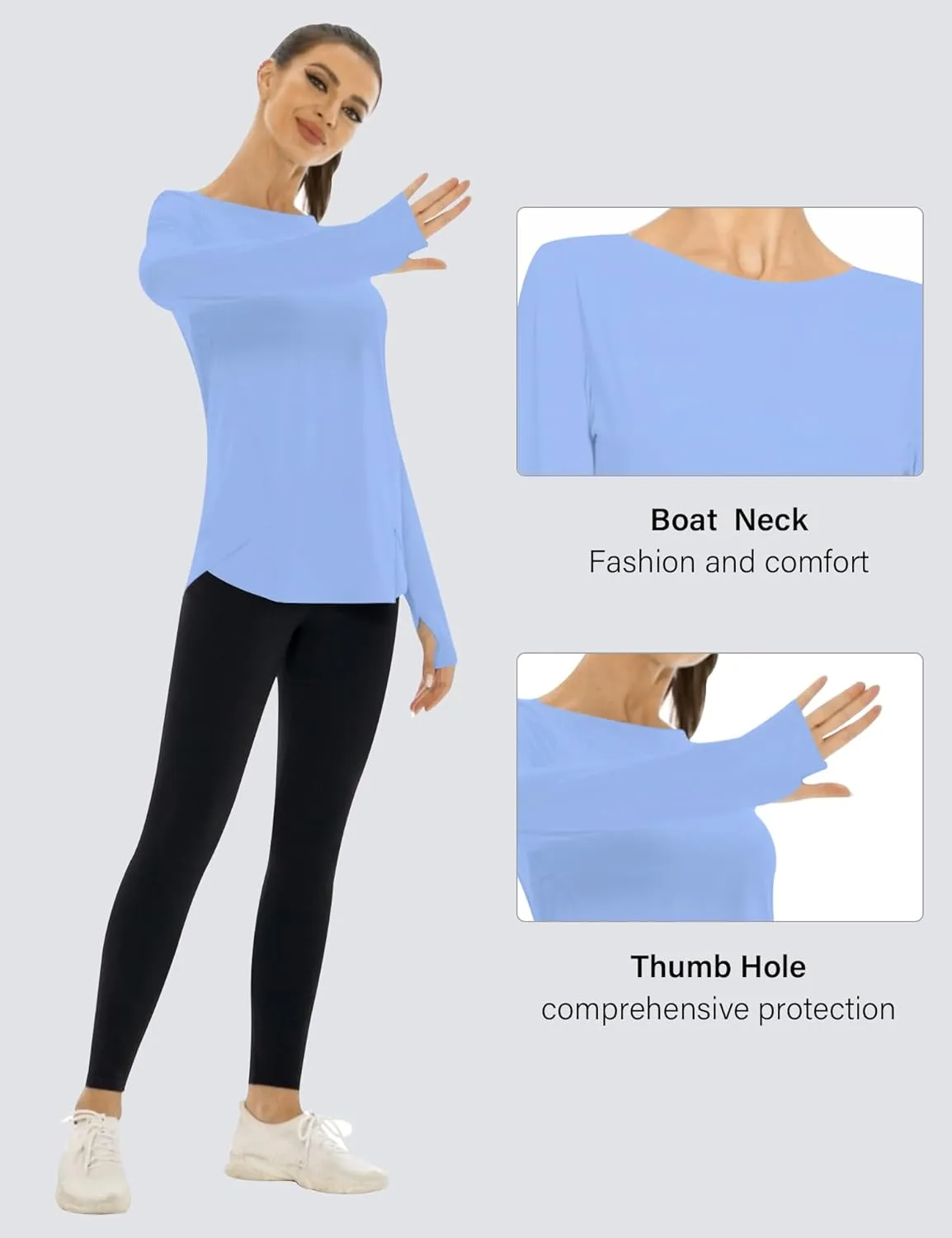 KTILG Women's Long Sleeve UPF 50  Sun Protection T-Shirts Boat Neck Lightweight Quick Dry Hiking Outdoor Top with Thumb Hole
