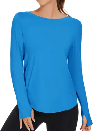 KTILG Women's Long Sleeve UPF 50  Sun Protection T-Shirts Boat Neck Lightweight Quick Dry Hiking Outdoor Top with Thumb Hole
