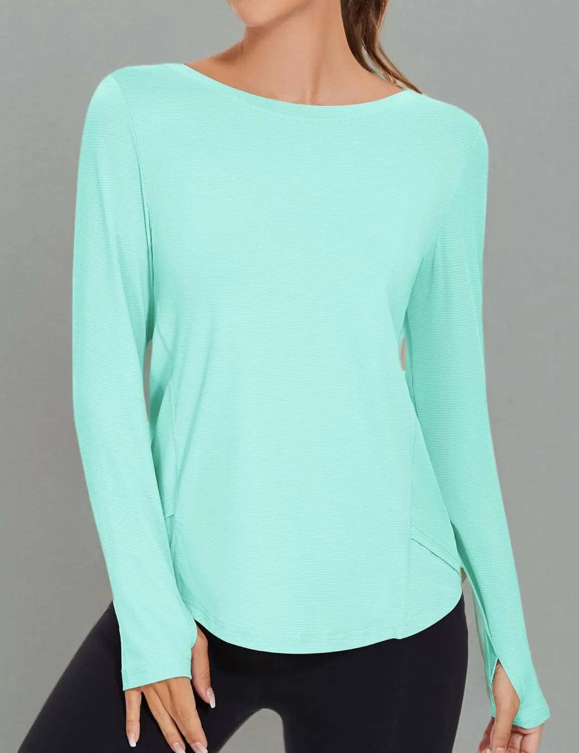KTILG Women's Long Sleeve UPF 50  Sun Protection T-Shirts Boat Neck Lightweight Quick Dry Hiking Outdoor Top with Thumb Hole