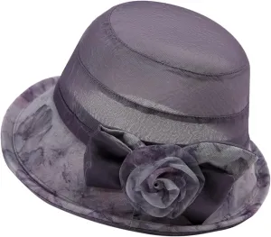 Ladies Sun Hat with Mesh Flower Decoration Wide Brim Hat Occasion Event Fancy Church Dress Hat