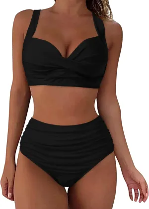 LCMTWX Bikini Sets for Women Swimwear Beach Women Solid Color Swimsuit Backless Swimwear Jumpsuit High Waisted Bathing 2