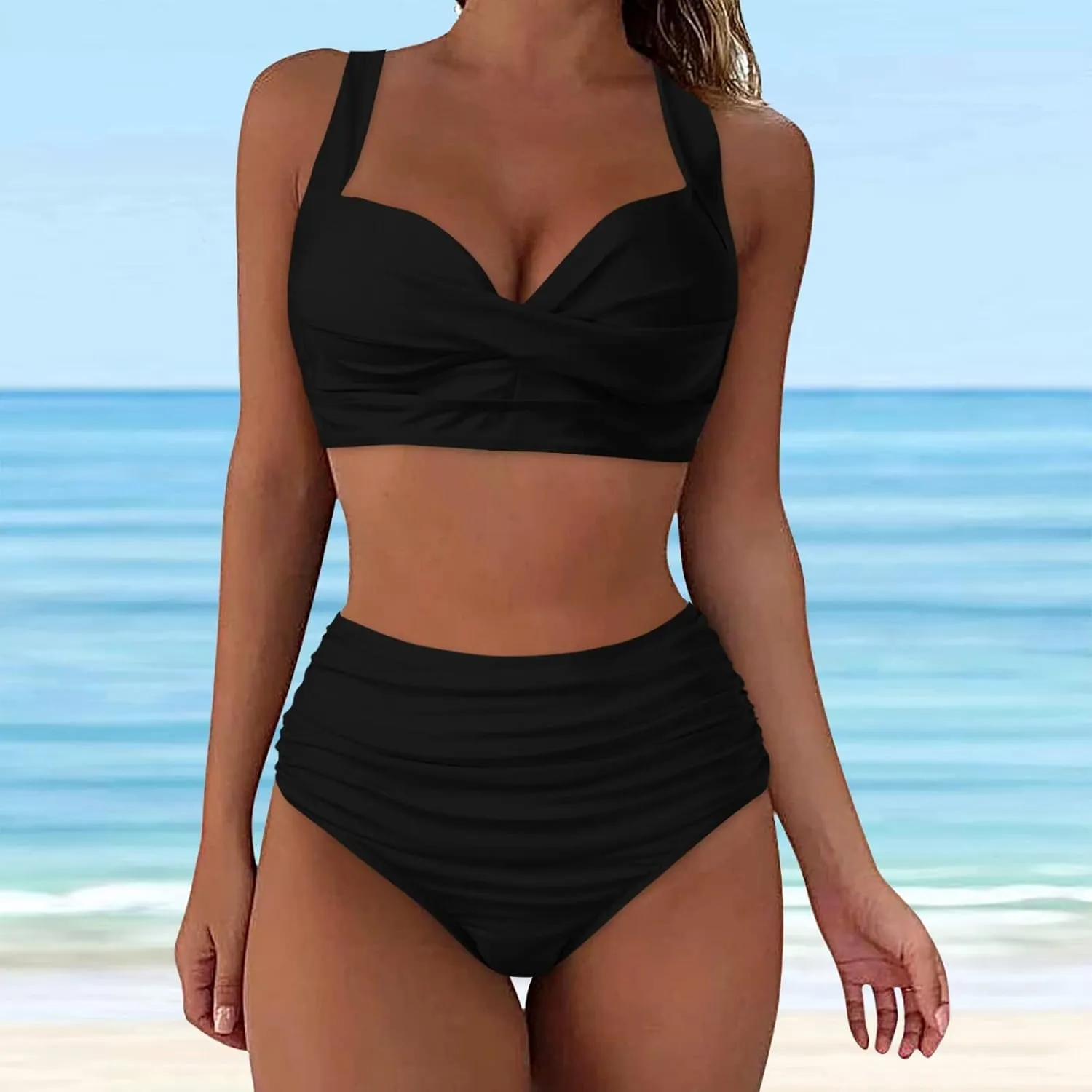 LCMTWX Bikini Sets for Women Swimwear Beach Women Solid Color Swimsuit Backless Swimwear Jumpsuit High Waisted Bathing 2