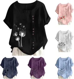 Linen Shirts for Women Plus Size Printed T Shirts Short Sleeve Button Down Blouse Summer Beach Vacation Tops 2025