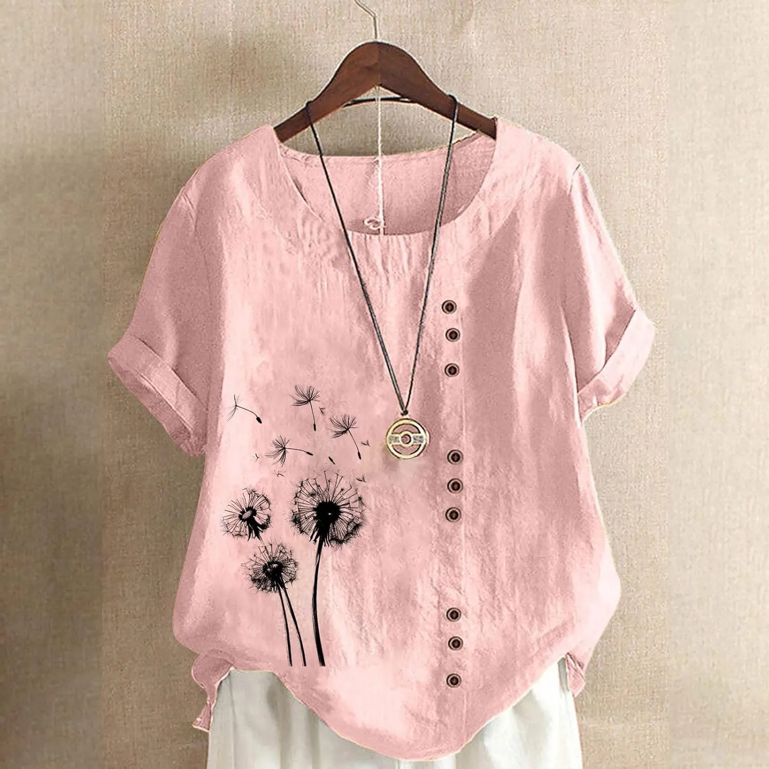 Linen Shirts for Women Plus Size Printed T Shirts Short Sleeve Button Down Blouse Summer Beach Vacation Tops 2025