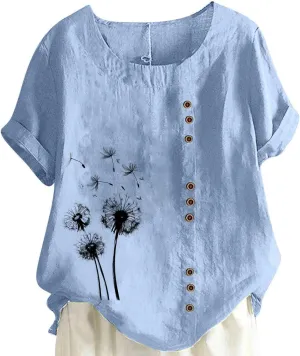 Linen Shirts for Women Plus Size Printed T Shirts Short Sleeve Button Down Blouse Summer Beach Vacation Tops 2025