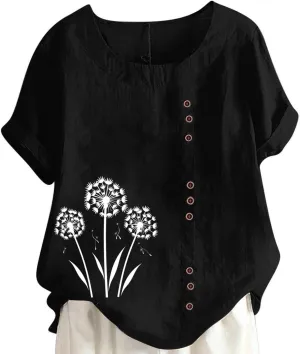 Linen Shirts for Women Plus Size Printed T Shirts Short Sleeve Button Down Blouse Summer Beach Vacation Tops 2025