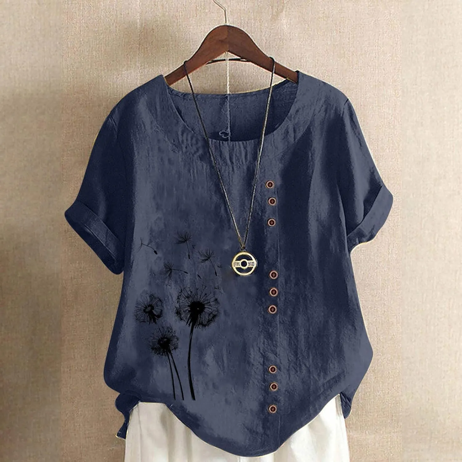 Linen Shirts for Women Plus Size Printed T Shirts Short Sleeve Button Down Blouse Summer Beach Vacation Tops 2025