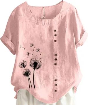 Linen Shirts for Women Plus Size Printed T Shirts Short Sleeve Button Down Blouse Summer Beach Vacation Tops 2025
