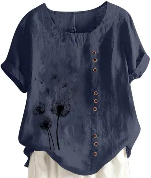 Linen Shirts for Women Plus Size Printed T Shirts Short Sleeve Button Down Blouse Summer Beach Vacation Tops 2025