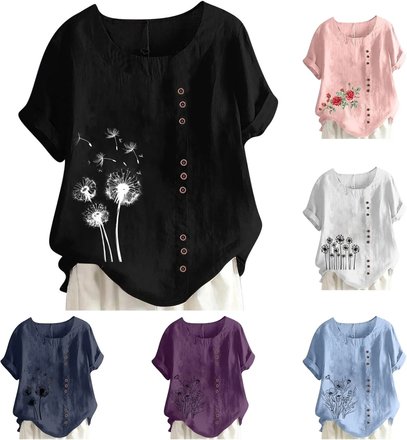 Linen Shirts for Women Plus Size Printed T Shirts Short Sleeve Button Down Blouse Summer Beach Vacation Tops 2025
