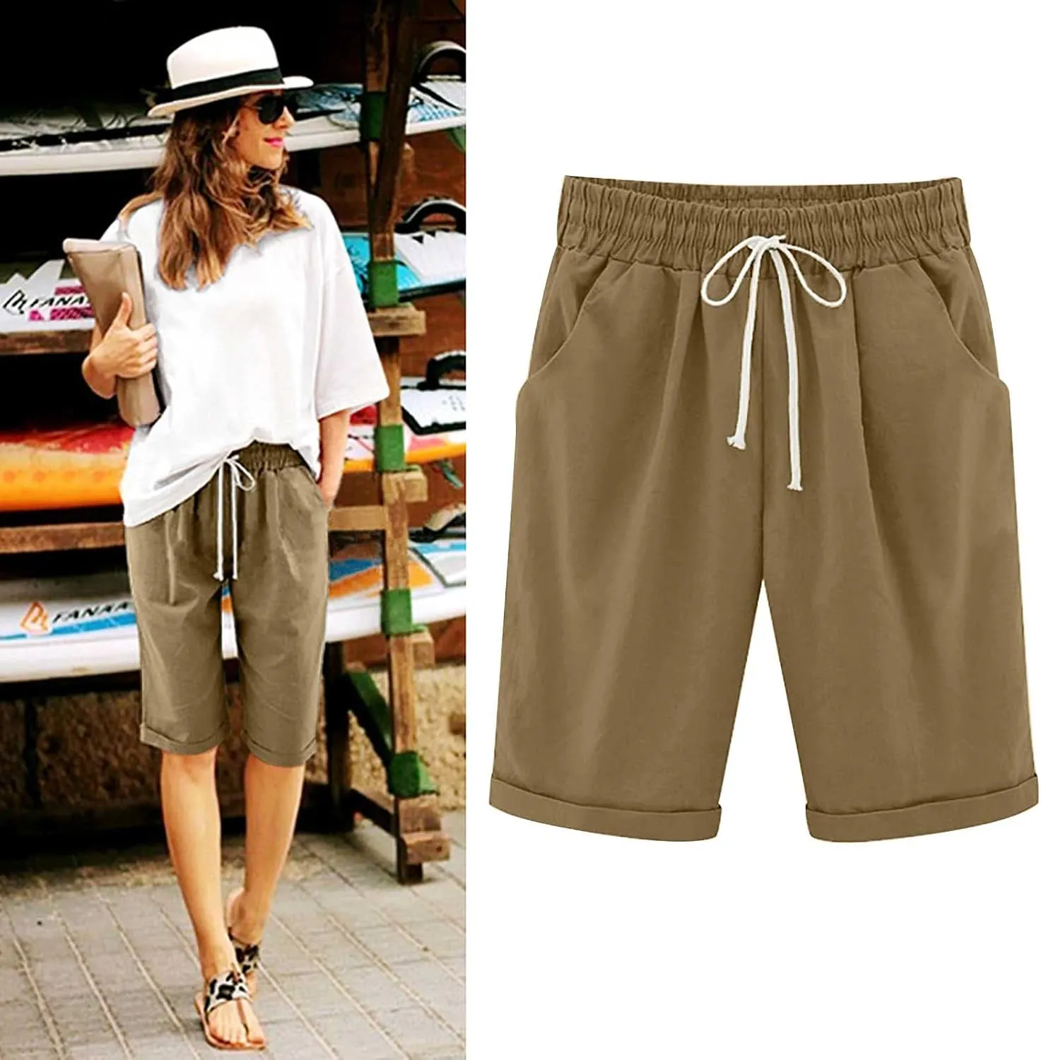 LRMQS Bermuda Shorts for Women Trendy Summer 2024 Beach Drawstring Knee Length Shorts Loose Fit Resort Wear Fashion Clothes