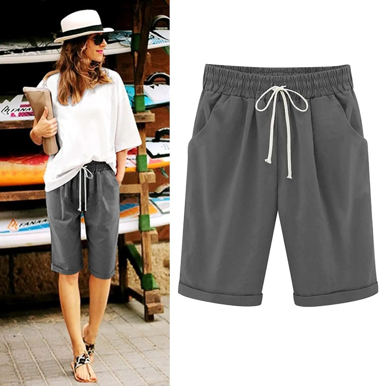 LRMQS Bermuda Shorts for Women Trendy Summer 2024 Beach Drawstring Knee Length Shorts Loose Fit Resort Wear Fashion Clothes