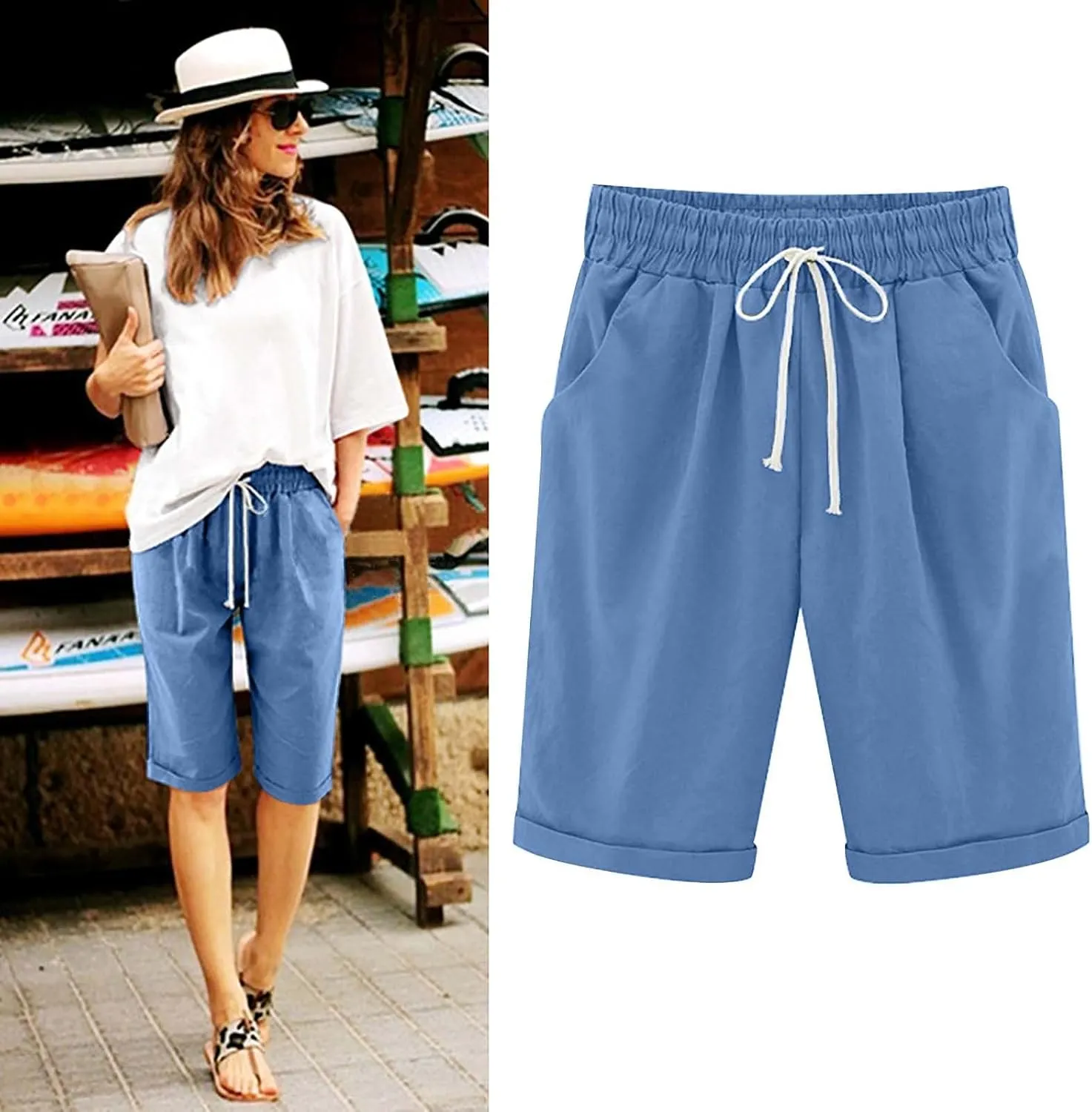 LRMQS Bermuda Shorts for Women Trendy Summer 2024 Beach Drawstring Knee Length Shorts Loose Fit Resort Wear Fashion Clothes
