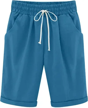 LRMQS Bermuda Shorts for Women Trendy Summer 2024 Beach Drawstring Knee Length Shorts Loose Fit Resort Wear Fashion Clothes