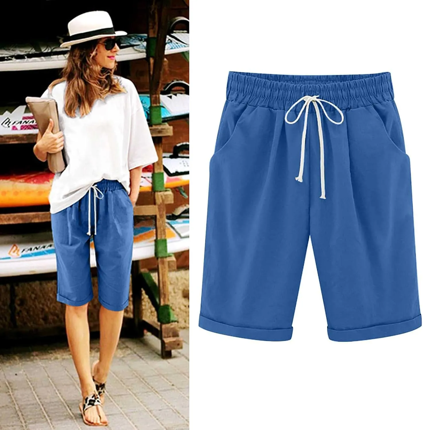 LRMQS Bermuda Shorts for Women Trendy Summer 2024 Beach Drawstring Knee Length Shorts Loose Fit Resort Wear Fashion Clothes