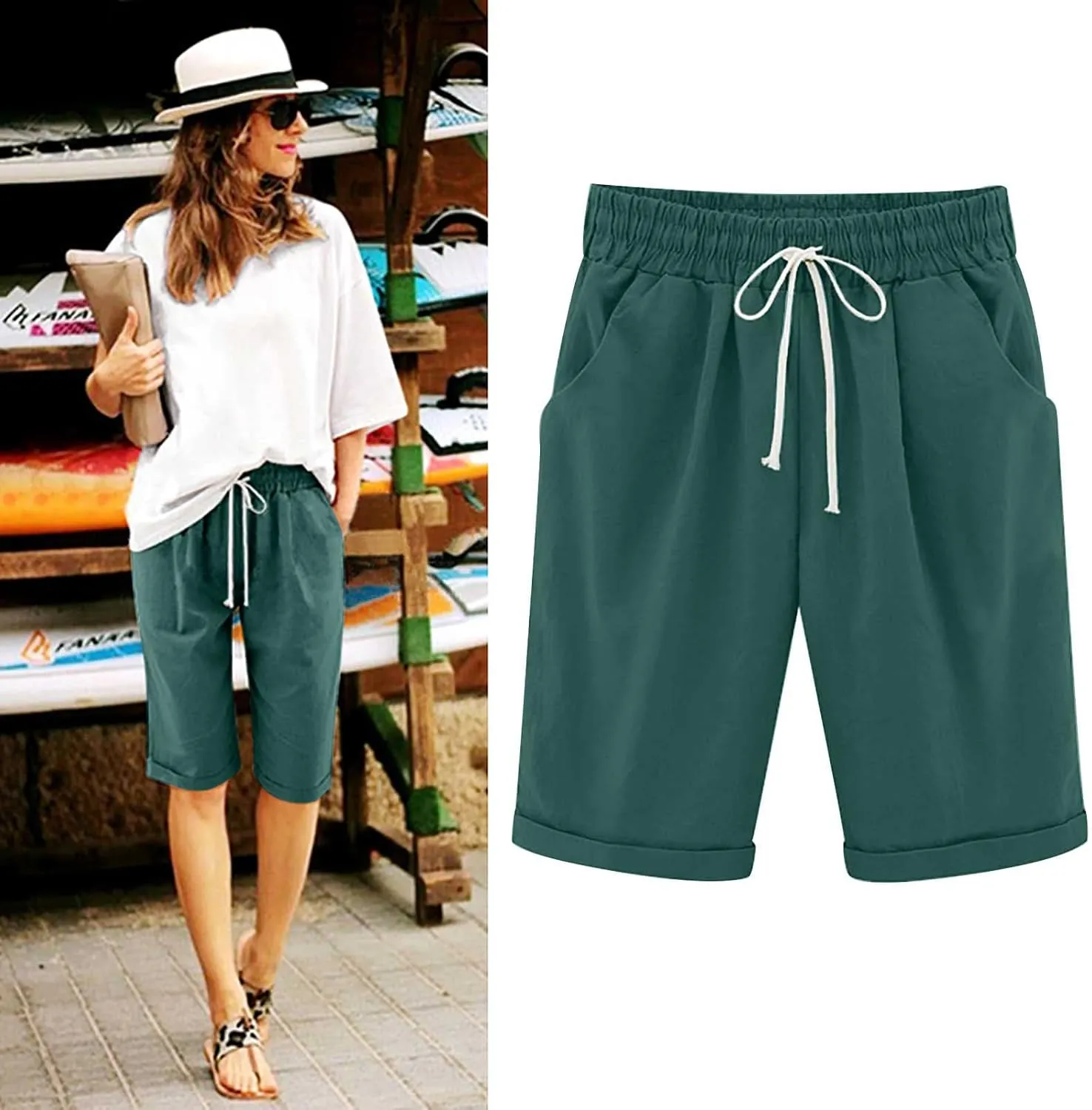 LRMQS Bermuda Shorts for Women Trendy Summer 2024 Beach Drawstring Knee Length Shorts Loose Fit Resort Wear Fashion Clothes