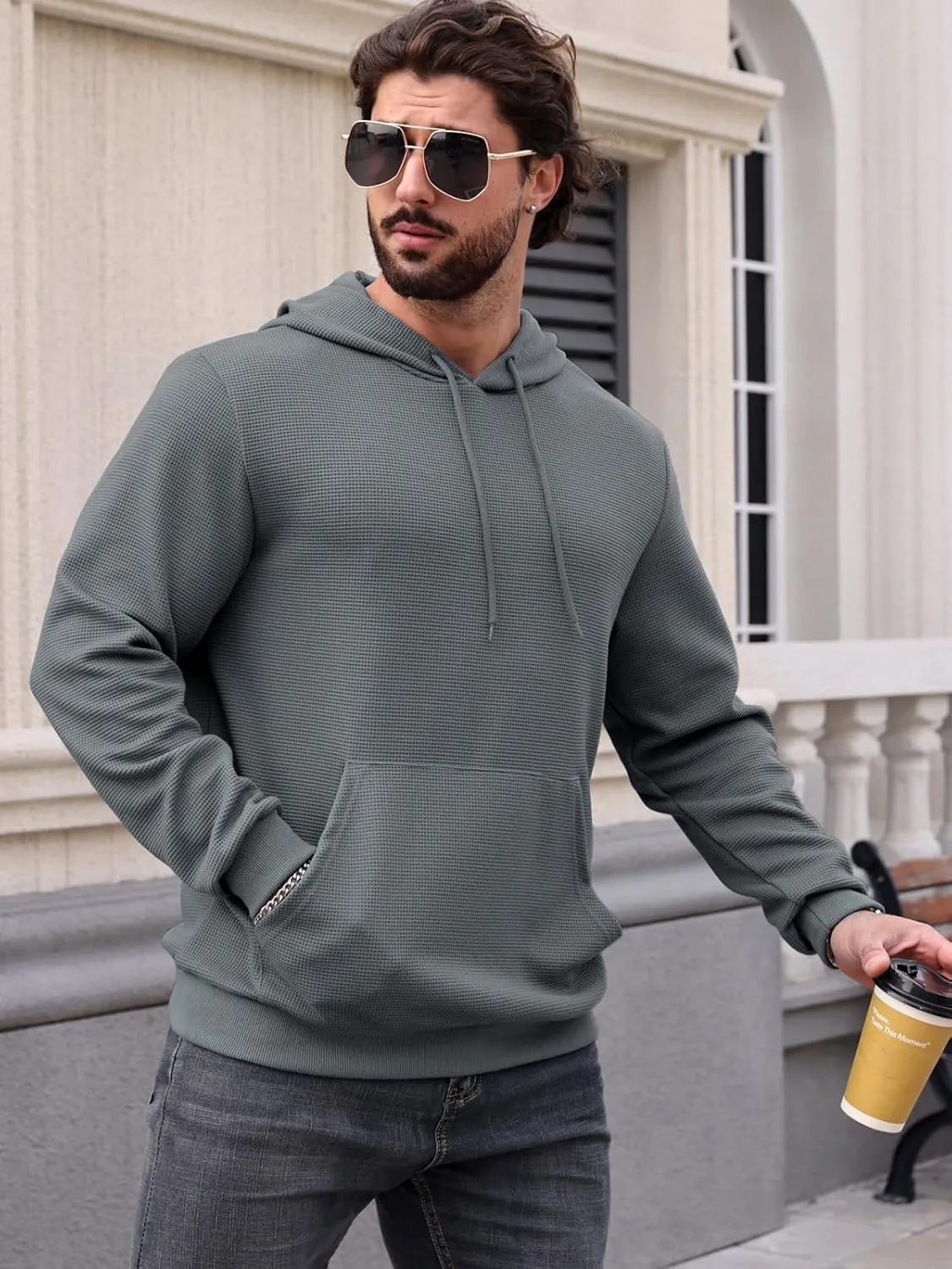 MANSDOUR Men's Hoodie Casual Long Sleeve Waffle Knit Drawstring Hoodies Pullover Sweatshirts With Pocket