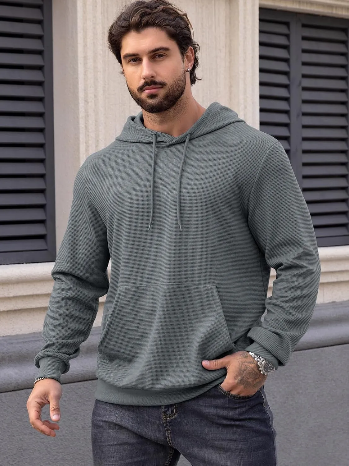 MANSDOUR Men's Hoodie Casual Long Sleeve Waffle Knit Drawstring Hoodies Pullover Sweatshirts With Pocket
