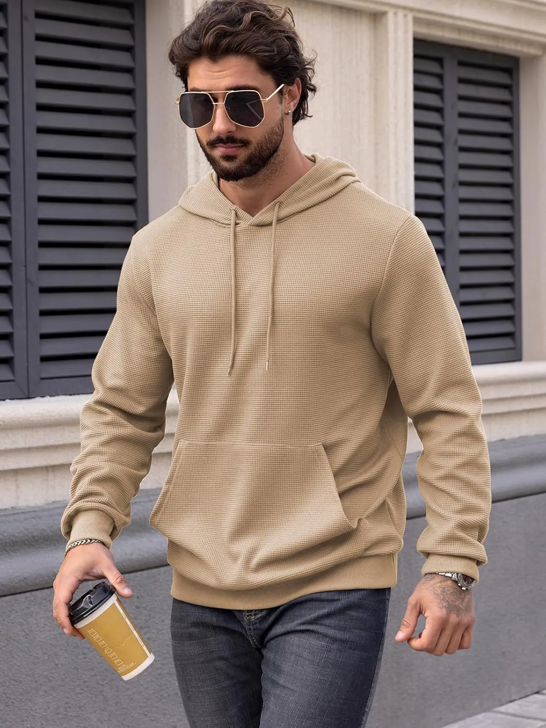 MANSDOUR Men's Hoodie Casual Long Sleeve Waffle Knit Drawstring Hoodies Pullover Sweatshirts With Pocket
