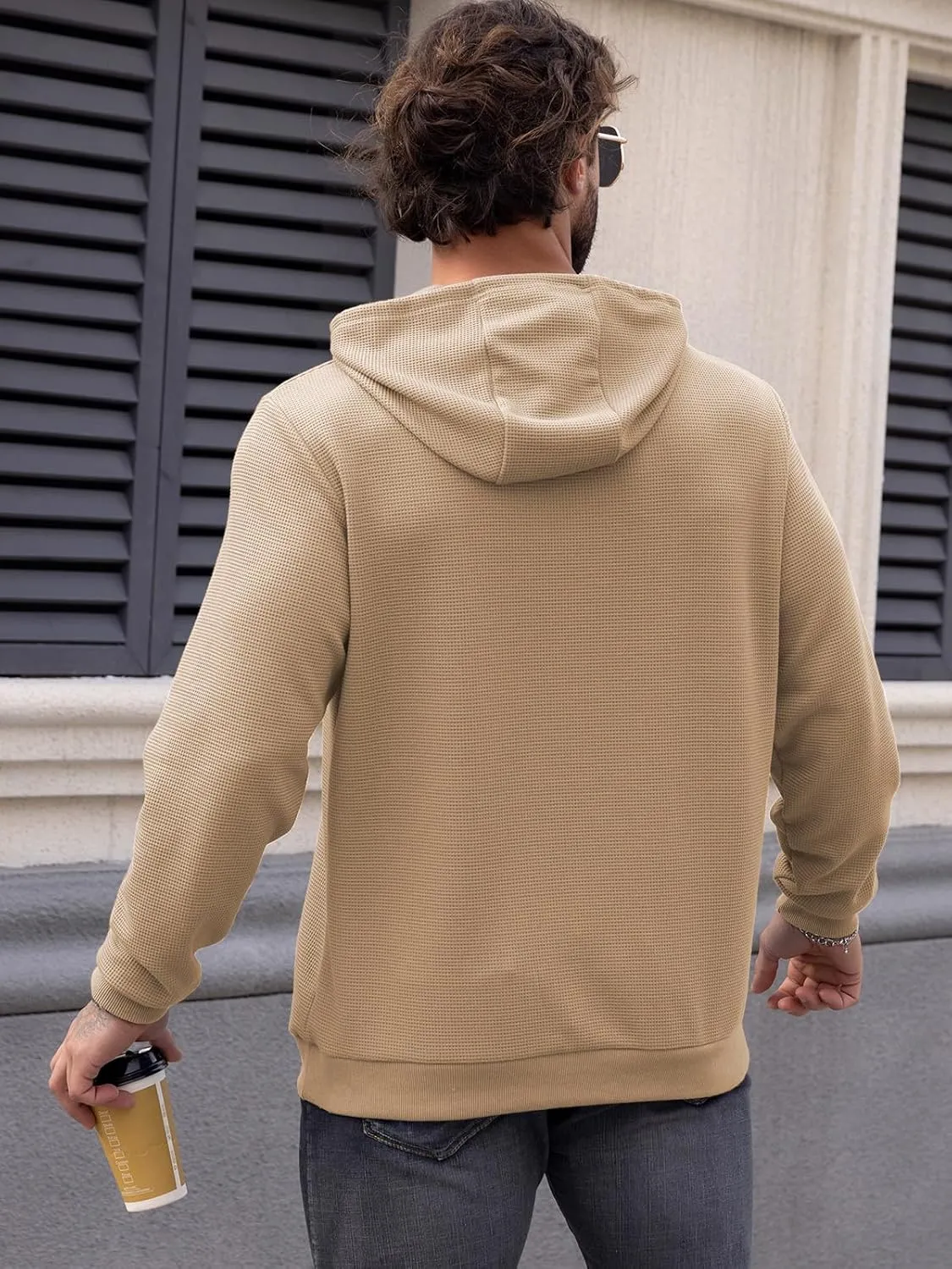 MANSDOUR Men's Hoodie Casual Long Sleeve Waffle Knit Drawstring Hoodies Pullover Sweatshirts With Pocket