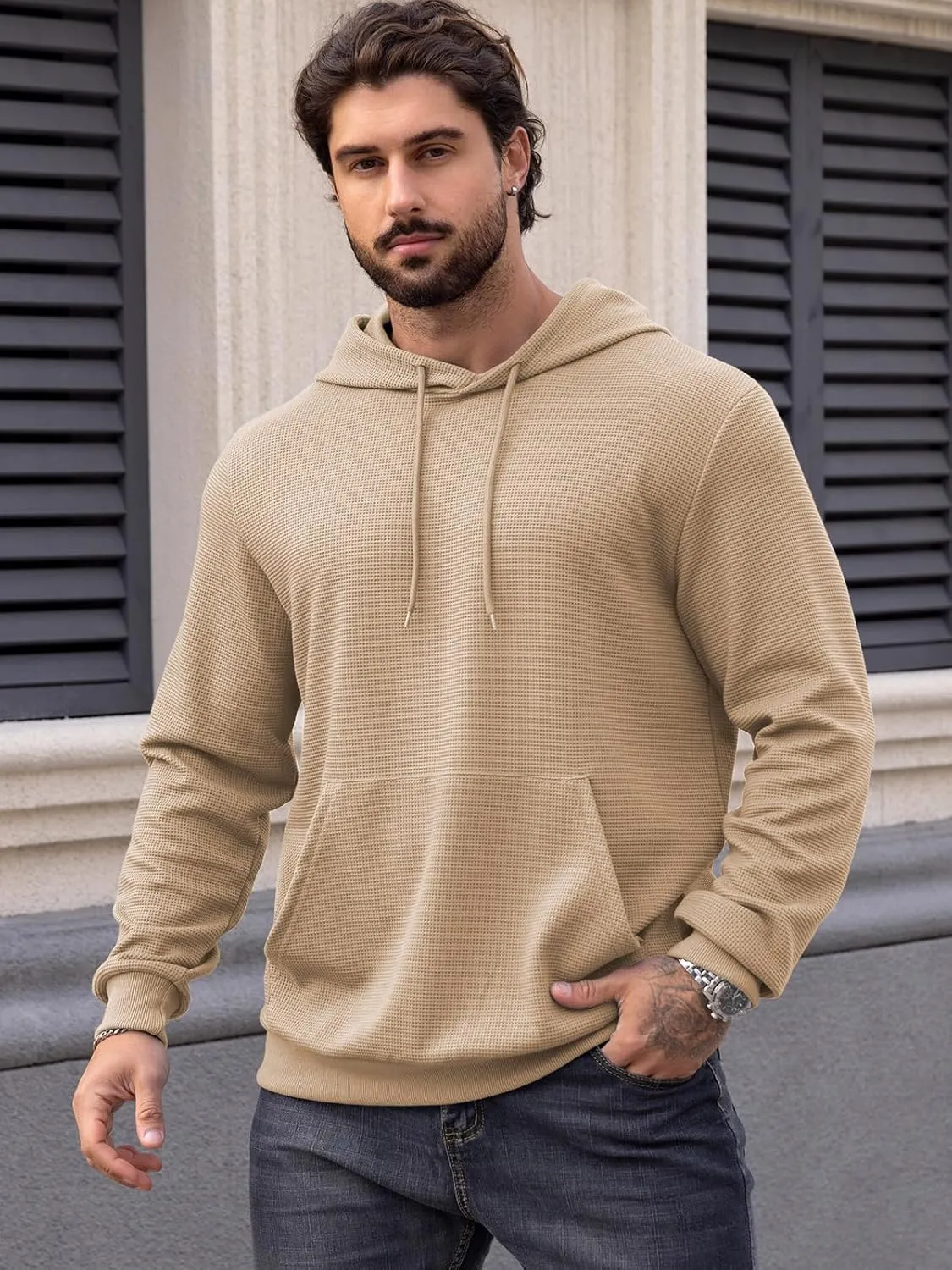 MANSDOUR Men's Hoodie Casual Long Sleeve Waffle Knit Drawstring Hoodies Pullover Sweatshirts With Pocket
