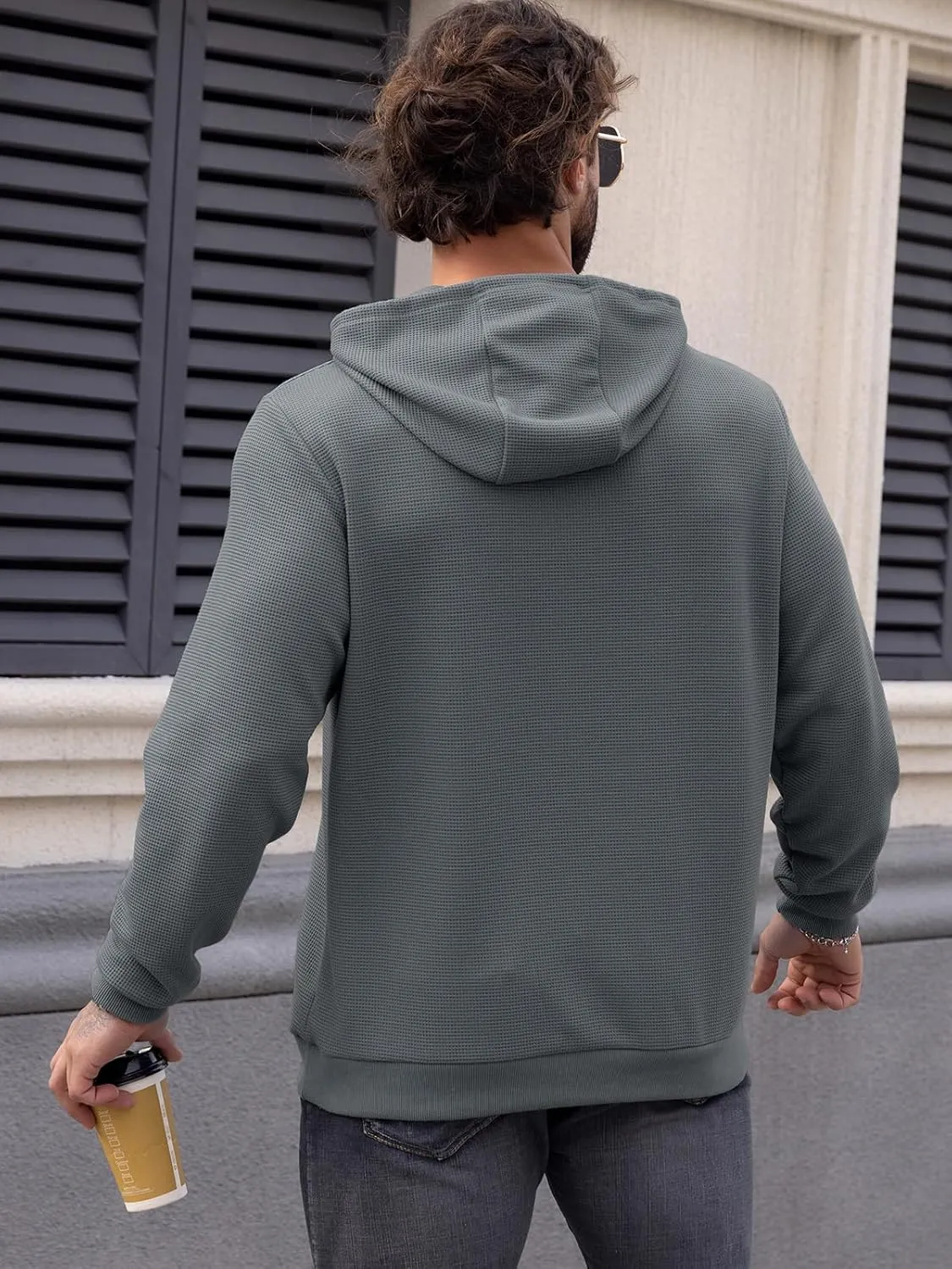 MANSDOUR Men's Hoodie Casual Long Sleeve Waffle Knit Drawstring Hoodies Pullover Sweatshirts With Pocket
