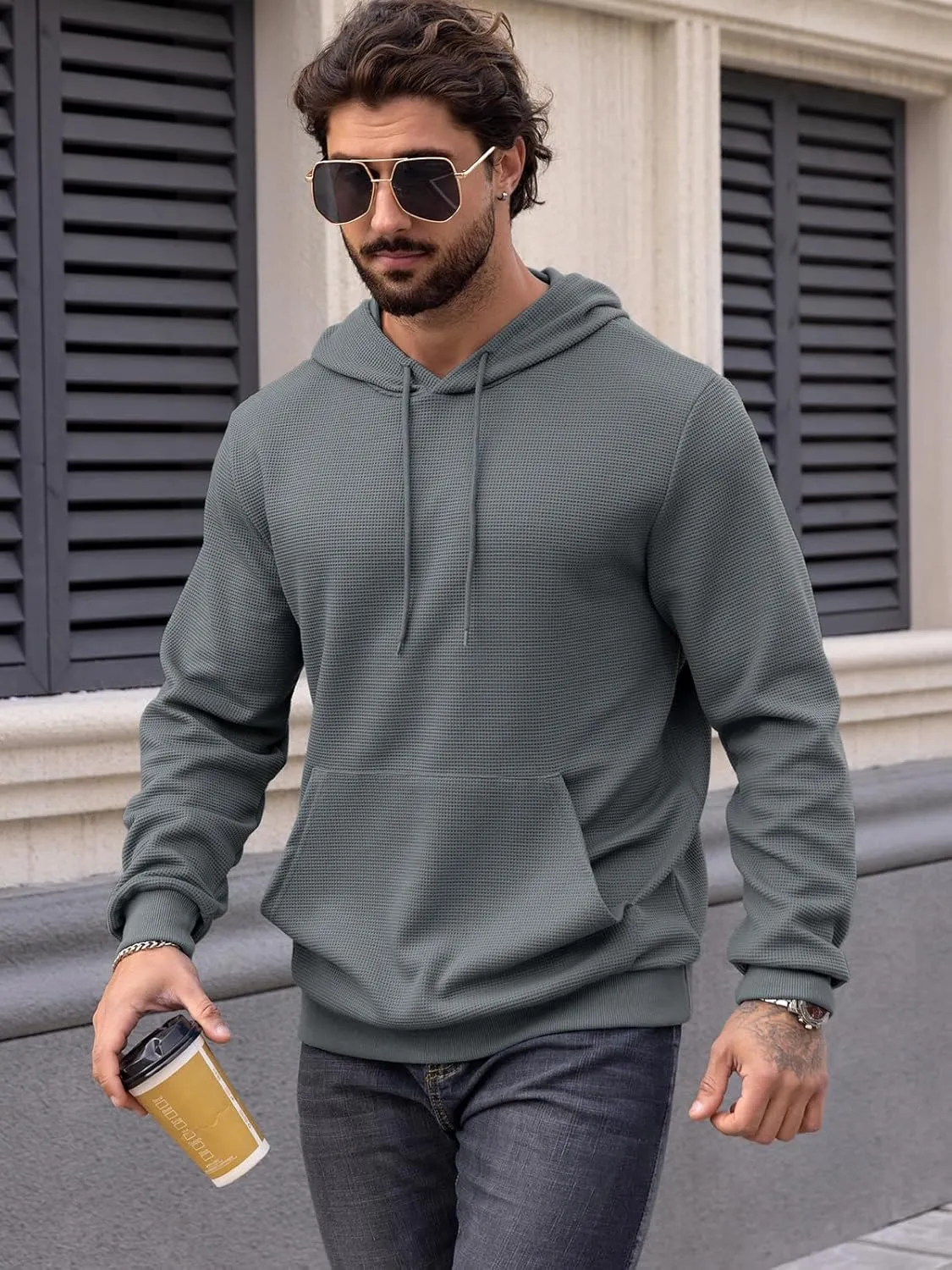 MANSDOUR Men's Hoodie Casual Long Sleeve Waffle Knit Drawstring Hoodies Pullover Sweatshirts With Pocket