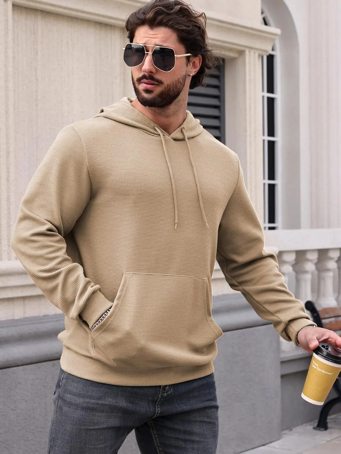 MANSDOUR Men's Hoodie Casual Long Sleeve Waffle Knit Drawstring Hoodies Pullover Sweatshirts With Pocket