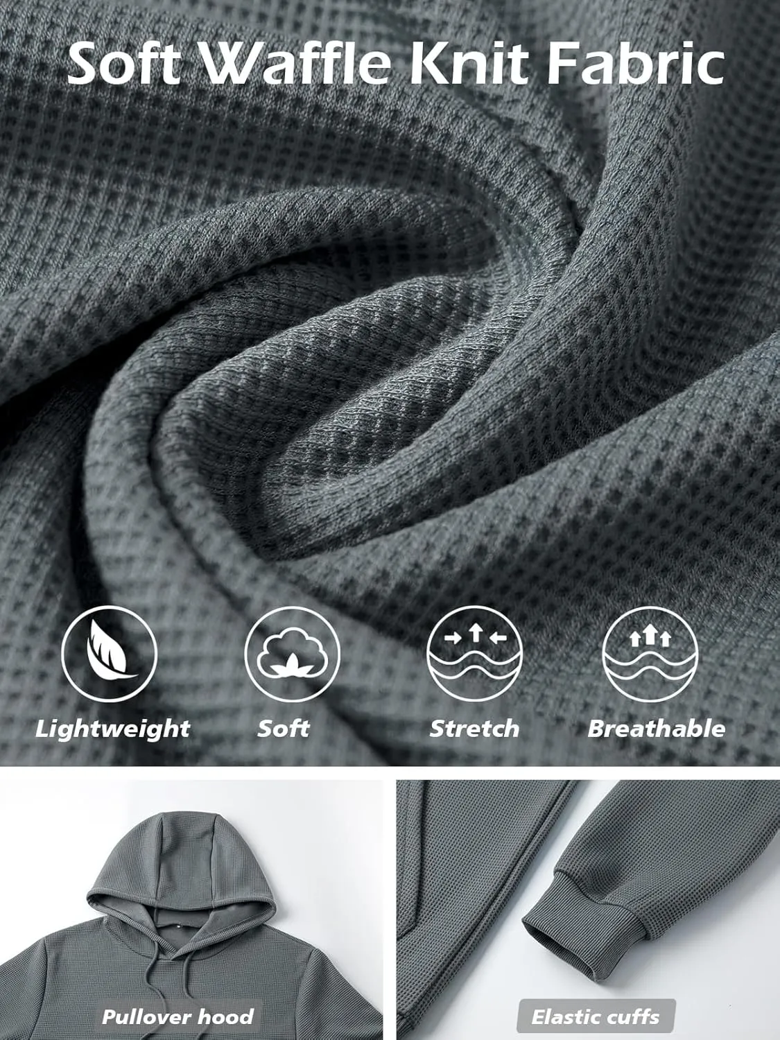 MANSDOUR Men's Hoodie Casual Long Sleeve Waffle Knit Drawstring Hoodies Pullover Sweatshirts With Pocket