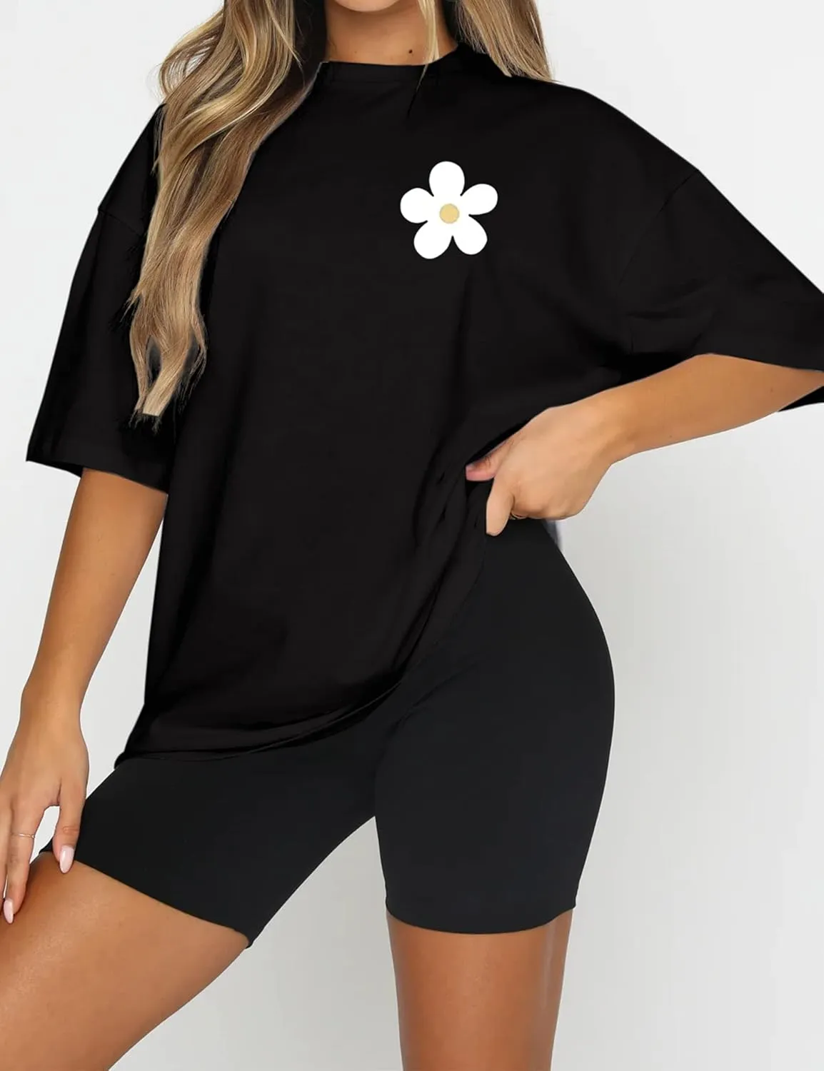 Meladyan Women’s Oversize Graphic Printed T-Shirts Short Sleeve Drop Shoulder Round Neck Loose Tee Shirt Tops