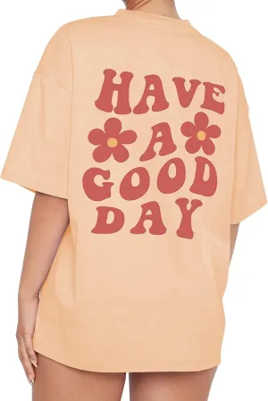 Meladyan Women’s Oversize Graphic Printed T-Shirts Short Sleeve Drop Shoulder Round Neck Loose Tee Shirt Tops