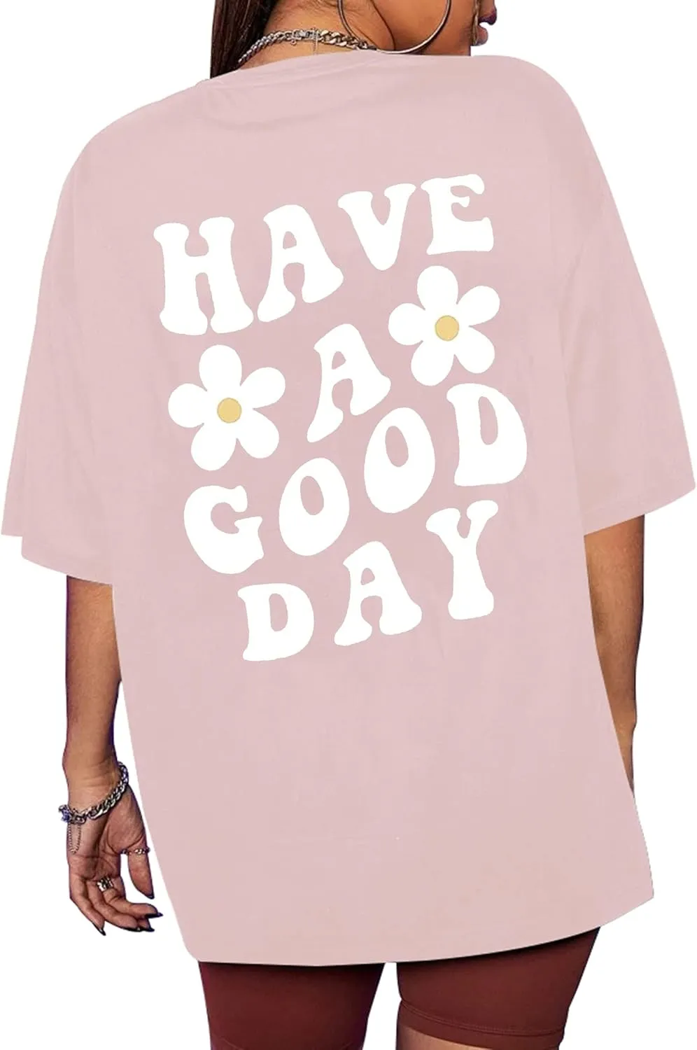 Meladyan Women’s Oversize Graphic Printed T-Shirts Short Sleeve Drop Shoulder Round Neck Loose Tee Shirt Tops