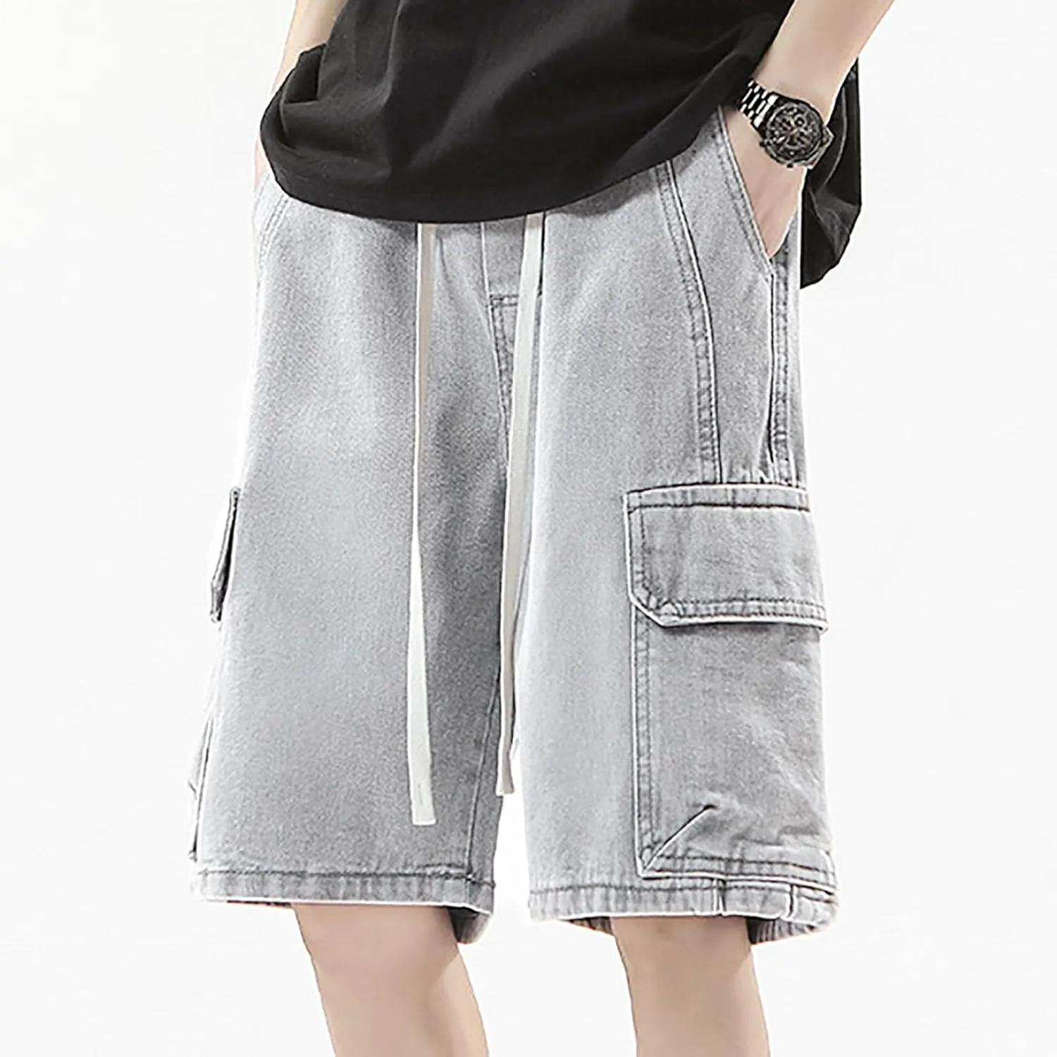 Men Loose Denim Shorts Baggy Casual Summer Wide Leg Mid Jean Jorts Hip Hop Shorts Streetwear with Pockets