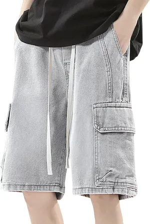 Men Loose Denim Shorts Baggy Casual Summer Wide Leg Mid Jean Jorts Hip Hop Shorts Streetwear with Pockets