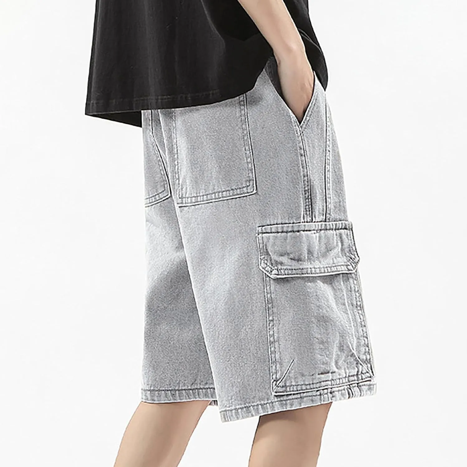 Men Loose Denim Shorts Baggy Casual Summer Wide Leg Mid Jean Jorts Hip Hop Shorts Streetwear with Pockets