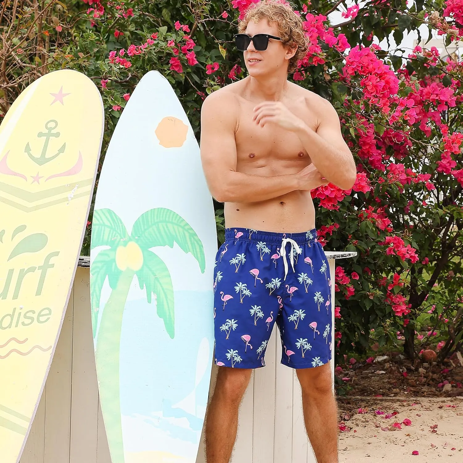 Men Swim Trunks with Compression Liner Men's 2 in 1 Bathing Suits 7 Inch Hawaiian Board Shorts