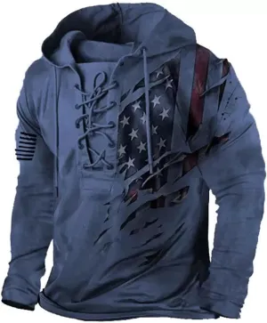 Men's American Flag Graphic Hoodies Outdoor Military Tactical Lace Up Hooded Sweatshirts Distressed Retro Pullover