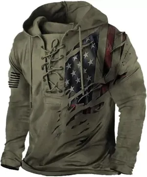 Men's American Flag Graphic Hoodies Outdoor Military Tactical Lace Up Hooded Sweatshirts Distressed Retro Pullover