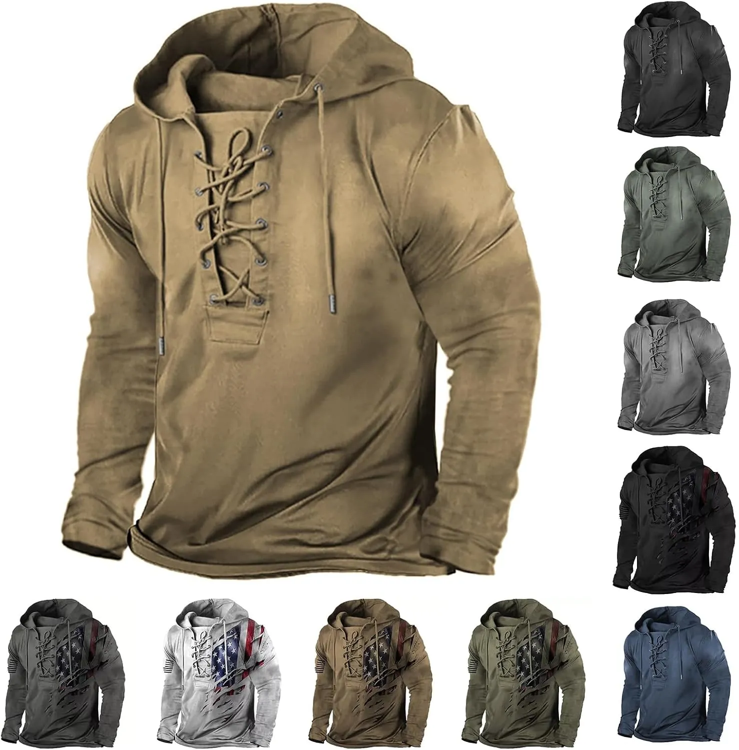 Men's American Flag Graphic Hoodies Outdoor Military Tactical Lace Up Hooded Sweatshirts Distressed Retro Pullover